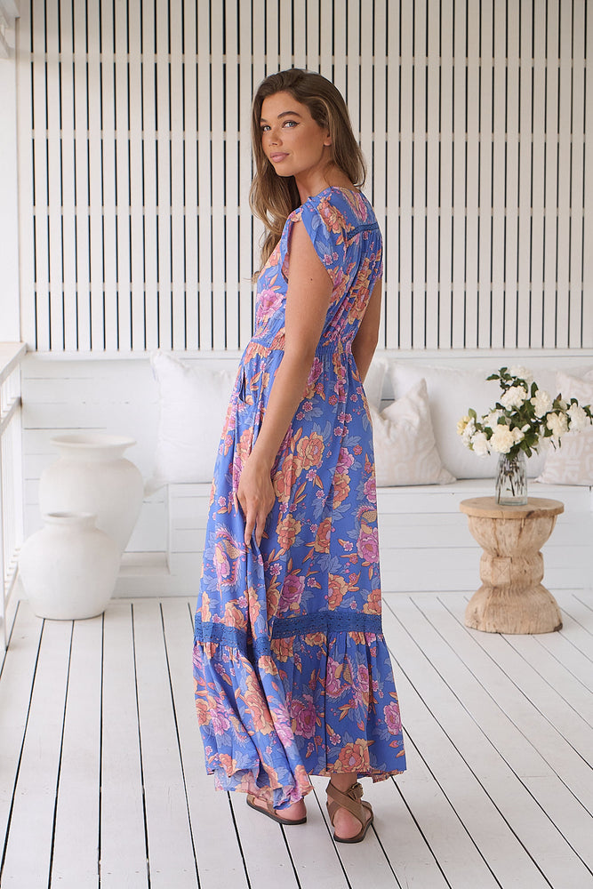 Jaase Carmen Maxi Dress with Cap Shell Sleeve V Neck Pockets - Glastonbury - Style House Fashion Jaase