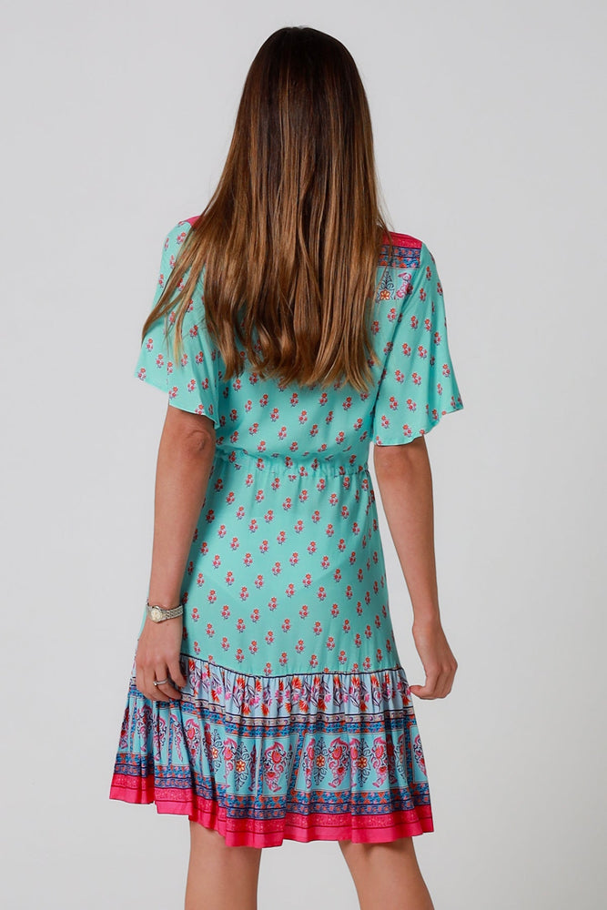 Isabella Wrenlea Mini Dress with V-Neck Pockets - Aqua Floral