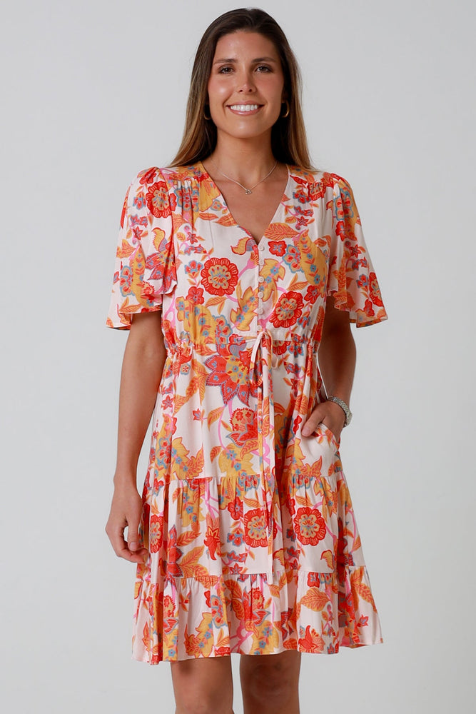 Isabella Mira Mini Dress with V-Neck Pockets - Citrus Crush