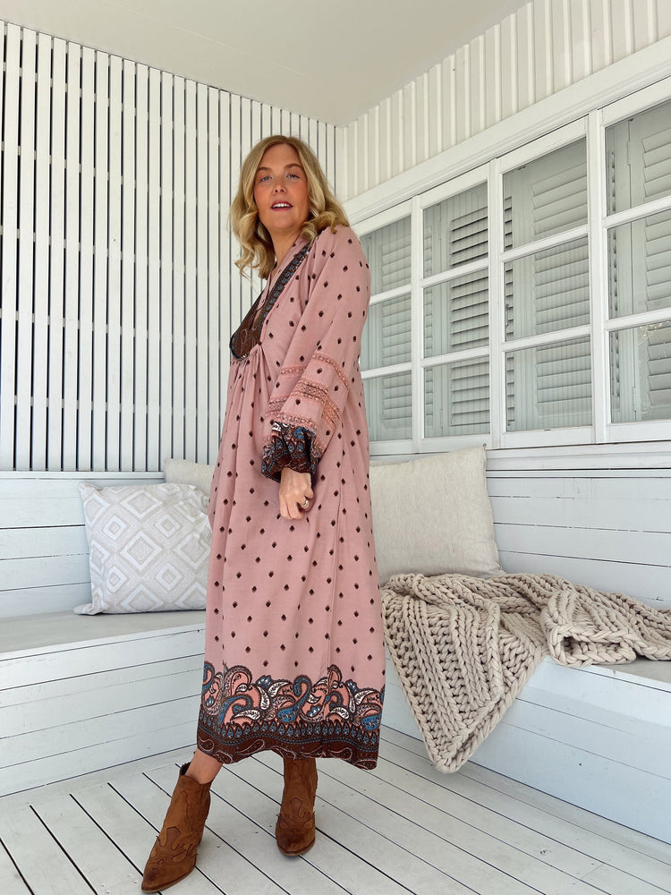 Jaase Boheme Midi Dress with Long Sleeve Lace Detail V Neck Pockets - Seraphina - Style House Fashion Jaase Jaase Jaase