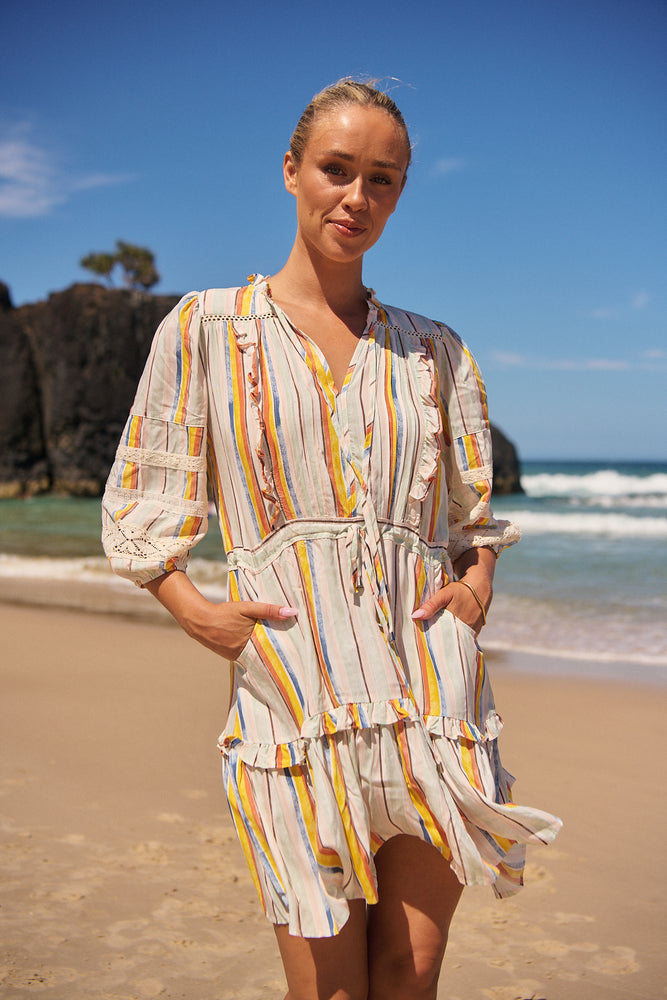 Jaase Remy Mini Dress with Pockets Drawstring Waist Half Sleeve Button Bodice - Coloured Sands - Style House Fashion Jaase Jaase