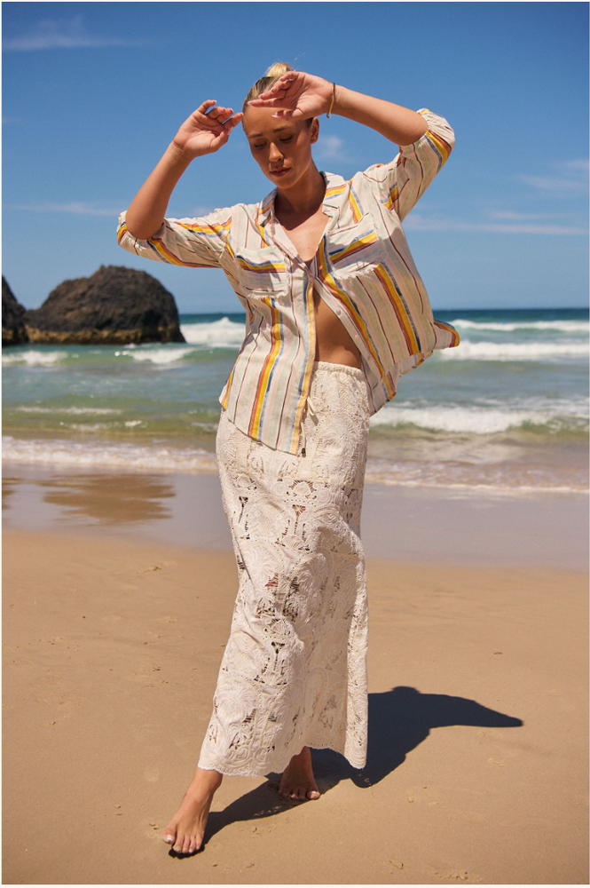 Jaase Rhiannon Shirt Blouse with V Neck Collar Buttoned Front - Coloured Sands - Style House Fashion Jaase Jaase Jaase Jaase