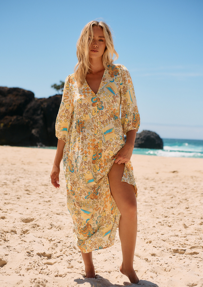 Jaase Ivy Midi Dress with Half Sleeve V Neck Buttons - Sonnie