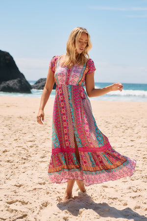 Jaase Carmen Maxi Dress with Cap Shell Sleeve V Neck Pockets Buttoned - Cedella - Style House Fashion Jaase Jaase Jaase