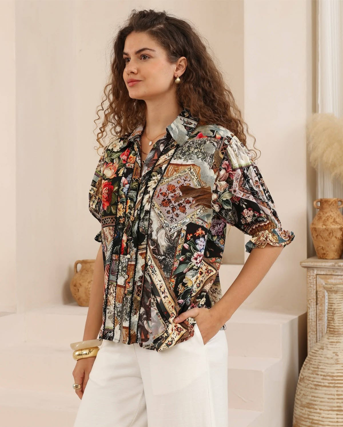 Iris Maxi Maya Blouse Top Half Sleeve Buttoned Collar - Victoria - Style House Fashion