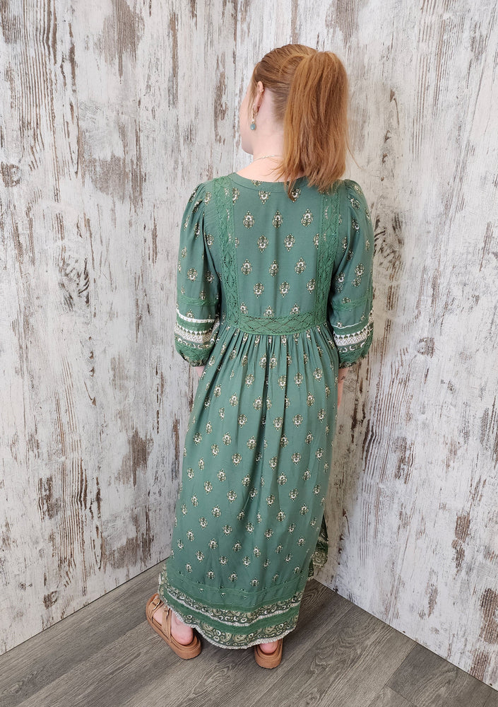 Jaase Meadow Maxi Dress with V Neck Button Bodice - Viridian