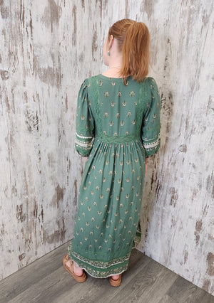 Jaase Meadow Maxi Dress with V Neck Button Bodice - Viridian