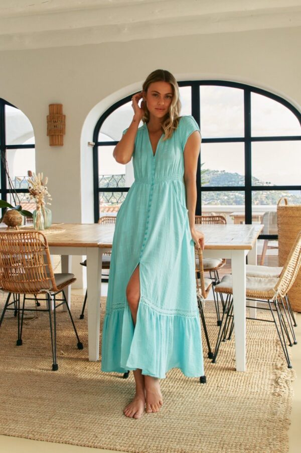 Jaase Carmen 100% Cotton Embroidered Maxi Dress with Cap Shell Sleeve V Neck Pockets Buttoned - Zanzibar - Style House Fashion Jaase