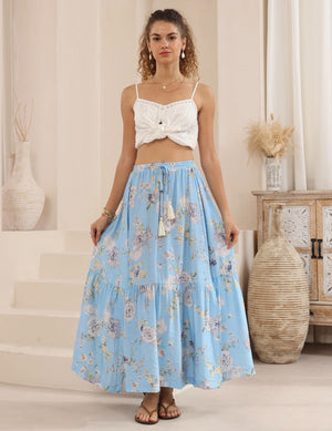 Iris Maxi Drawstring Maxi Skirt - Sapphire Bloom