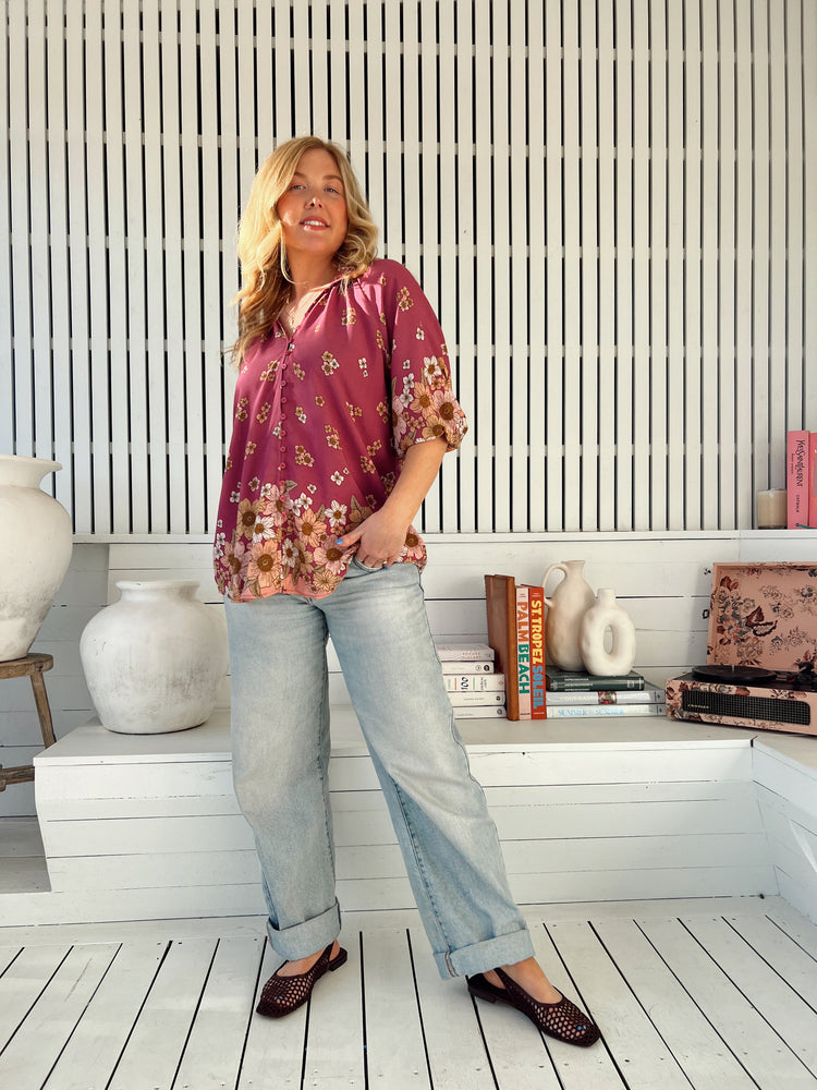 Jaase Arden Blouse with V-Neck Buttoned Half Sleeve Elastic Cuff - Bee Orchid - Style House Fashion Jaase
