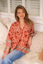 Jaase Bee Blouse Top with Mandarin Collar V Neck Buttons Lace Detail - Lillianna - Style House Fashion Jaase