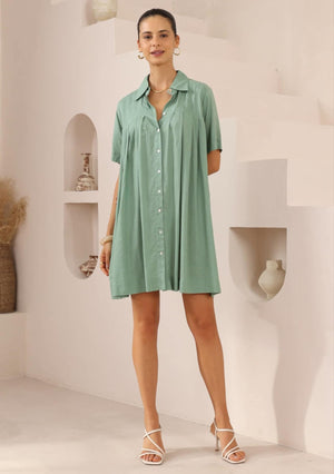 Iris Maxi Ellie Mini Dress with V-Neck Collar Buttoned Front - Pistachio