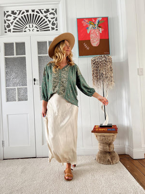 Jaase Montie Blouse with Mandarin Collar V-Neck - Viridian - Style House Fashion Jaase Jaase