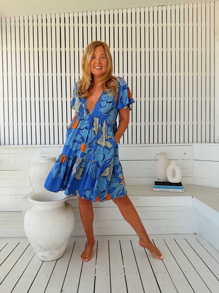 Jaase Rhys Mini Dress with Pockets V-Neck Flutter Sleeve - Blue Bell - Style House Fashion Jaase Jaase Jaase Jaase