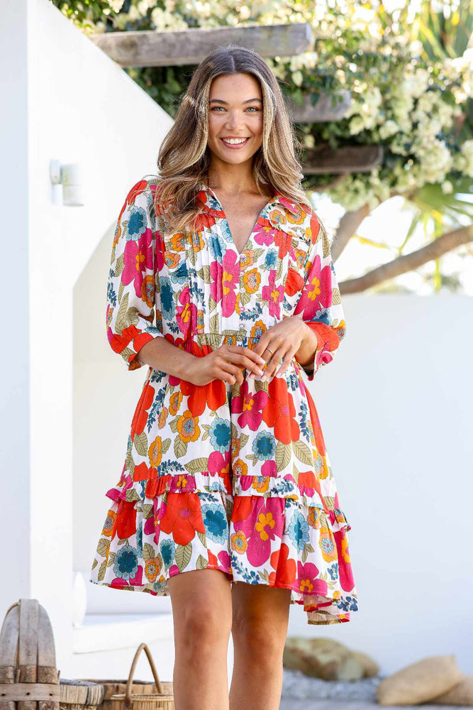 Joop & Gypsy Kelly Mini Dress V Neck Pockets - Red Tropics - Style House Fashion