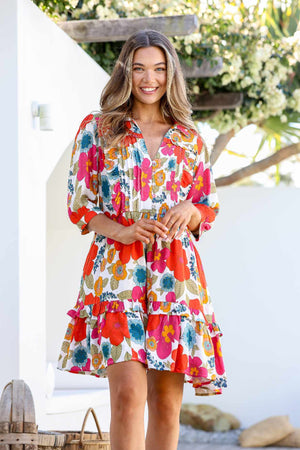 Joop & Gypsy Kelly Mini Dress V Neck Pockets - Red Tropics - Style House Fashion
