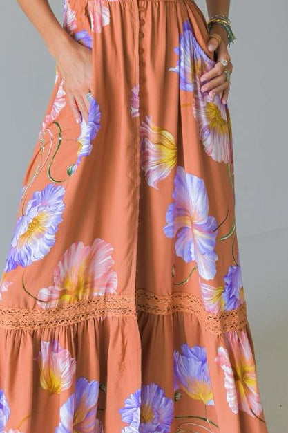 Jaase Carmen Maxi Dress with Cap Shell Sleeve V Neck Pockets Buttoned - Amara Bloom - Style House Fashion Jaase