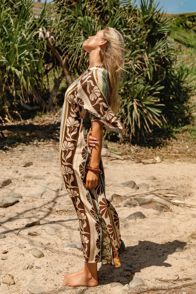 Jaase Bree Maxi Dress with V Neck Button Bodice Hankerchief Sleeve - Cacao Mist - Style House Fashion Jaase