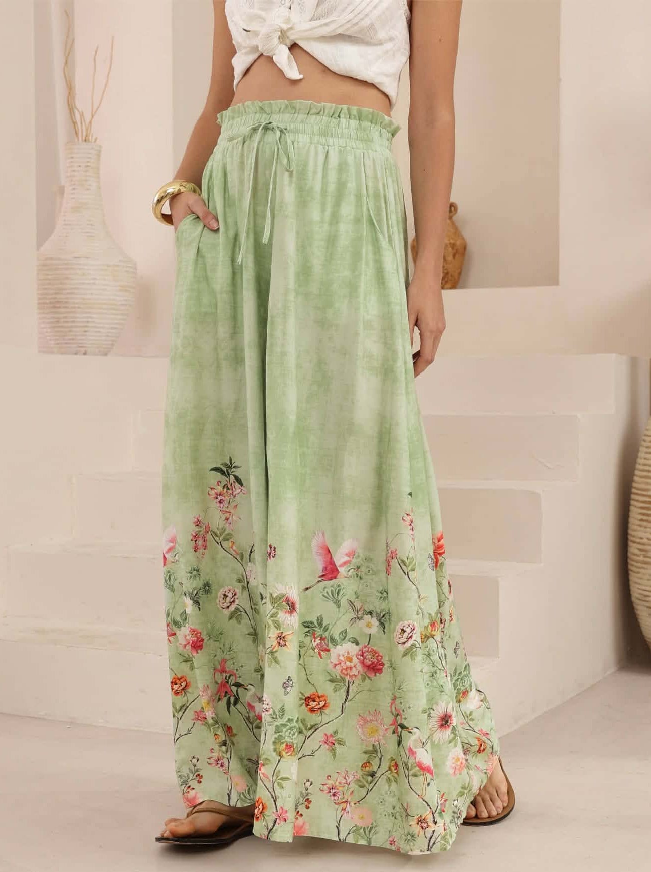 Iris Maxi Palazzo Pants Drawstring Waist Wide Leg - Laurel - Style House Fashion