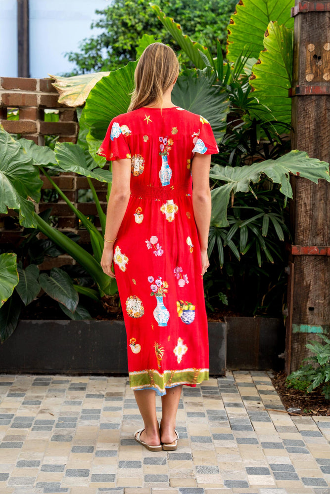 Boho Australia Shepard Midi Dress with V-Neck Buttons Pockets - Red