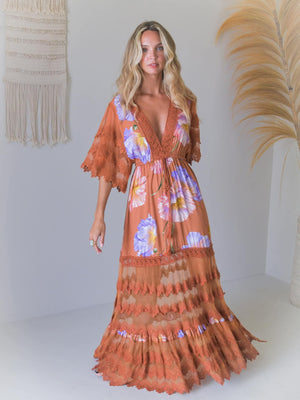 Jaase Bungalow Cotton Lace Maxi Dress with V-Neck Lace Drawstring Batwing Sleeve -Amara Bloom - Style House Fashion Jaase