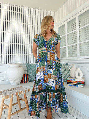 Jaase Carmen Maxi Dress with Cap Shell Sleeve V Neck Pockets Buttoned - Emerald Cove - Style House Fashion Jaase Jaase Jaase