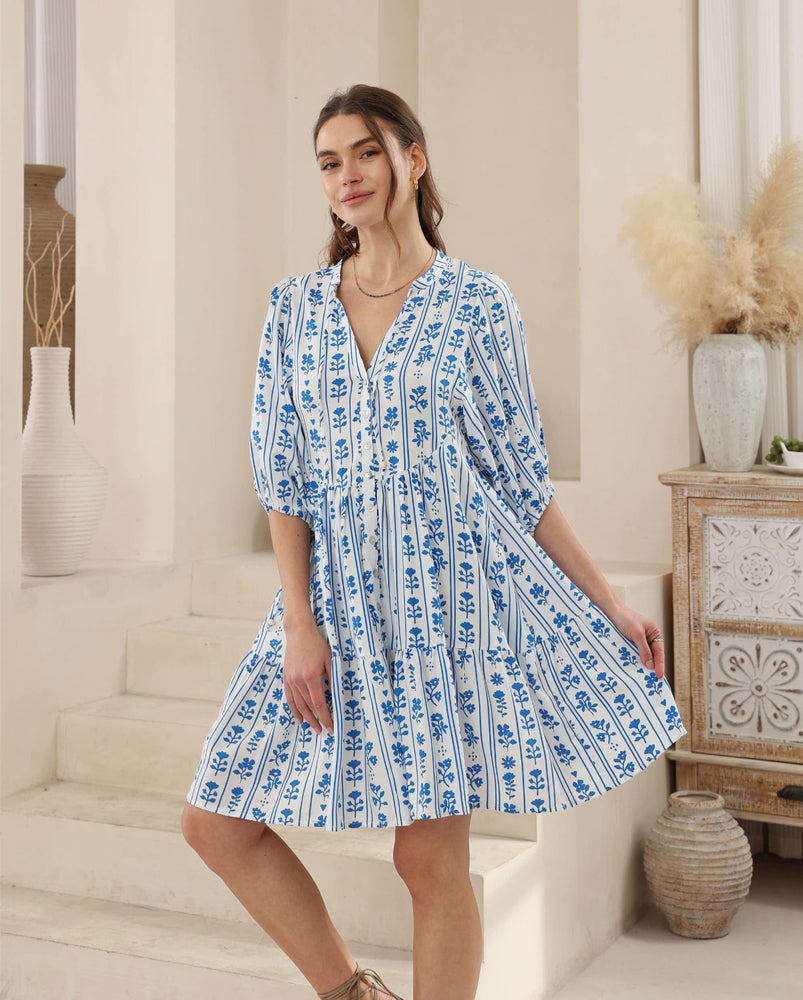 Iris Maxi Emma Mini Dress with V-Neck Buttons Pockets - Blue Daisy - Style House Fashion Iris Maxi
