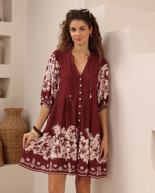 Iris Maxi Emma Mini Dress with V-Neck Buttons Pockets - Camellia