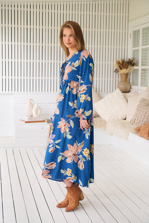 Jaase Penny Midi Dress with V-Neck Ties Elastic Cuff Sleeve - Georgia Blue - Style House Fashion Jaase