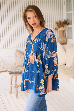 Jaase Adela Blouse Tunic with Buttoned Bodice V Neck - Georgia Blue - Style House Fashion Jaase