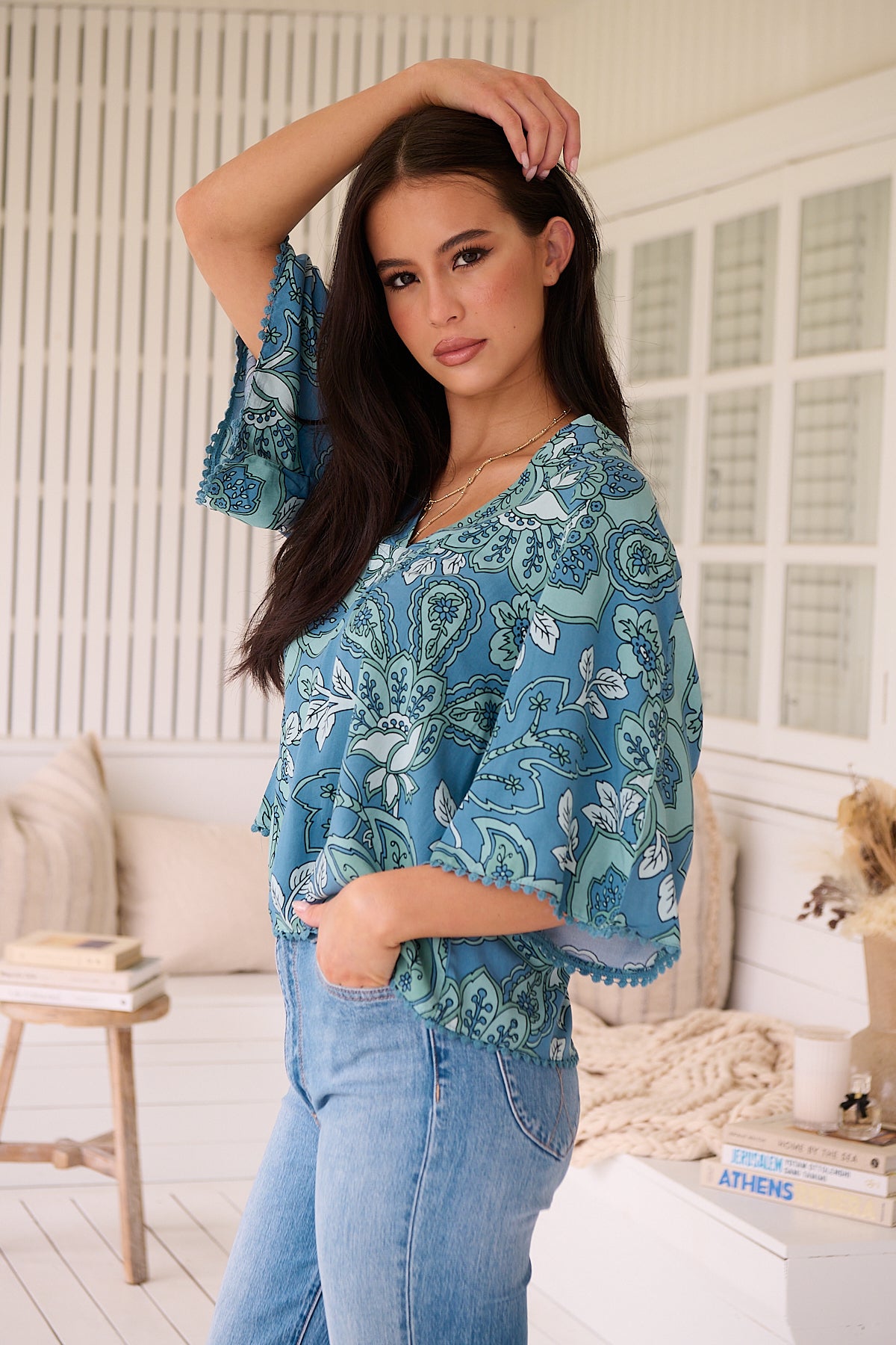 Jaase Gabriella Blouse Top with V Neck Lantern Sleeve - Serenade - Style House Fashion Jaase