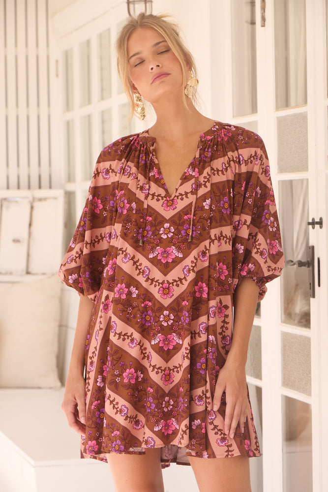 Jaase Cove Mini Dress with V Neck Relaxed Shift - Savanna - Style House Fashion Jaase