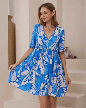 Iris Maxi Anna Mini Dress with V Neck Buttons Pockets - Blue Crush - Style House Fashion Iris Maxi