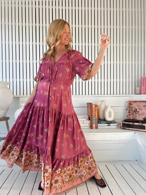 Jaase Elsa Maxi Dress with Button Bodice Puff Sleeve Lace Detail - Bee Orchid - Style House Fashion Jaase