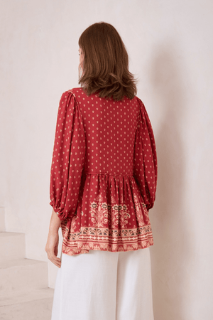 Iris Maxi Janie Blouse Tunic Top with V Neck Tie - Ruby - Style House Fashion Style House Fashion Style House Fashion