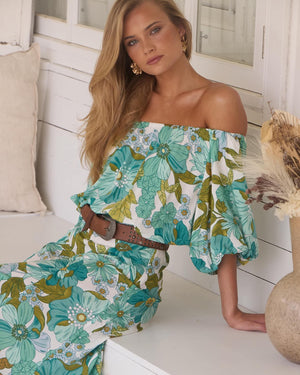 Jaase Hallie Maxi Dress with Off Shoulder A-Line Skirt Puff Sleeve - Amaya - Style House Fashion Jaase