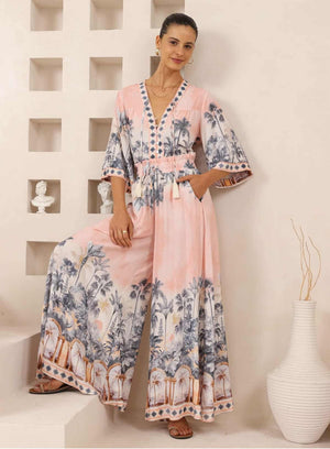 Iris Maxi Hannah Blouse Top with Tie V-Neck Sleeve Buttons - Pink Paradise