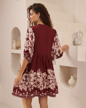 Iris Maxi Emma Mini Dress with V-Neck Buttons Pockets - Camellia