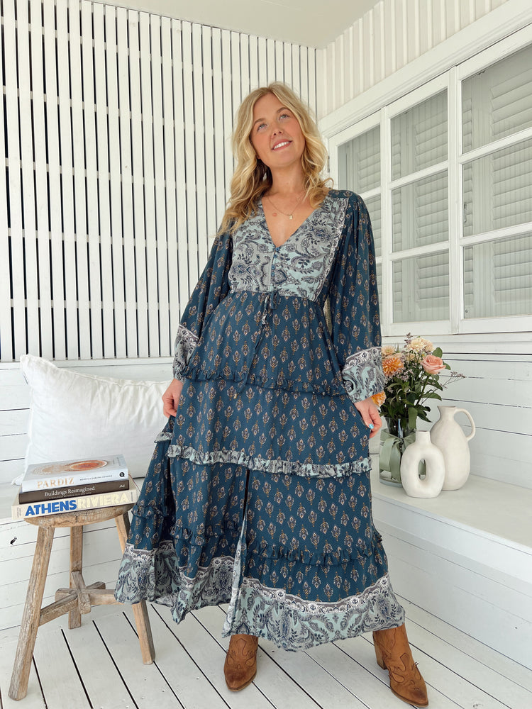 Jaase Luciana Maxi Dress with V Neck Drawstring Billowy Sleeves - Nico - Style House Fashion Jaase Jaase Jaase