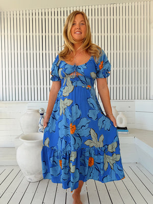 Jaase Rini Midi Dress V Neck Off Shoulder Elastic Waist - Blue Bell - Style House Fashion Jaase