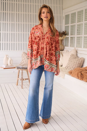 Jaase Bee Blouse Top with Mandarin Collar V Neck Buttons Lace Detail - Lillianna - Style House Fashion Jaase