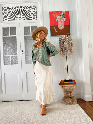 Jaase Montie Blouse with Mandarin Collar V-Neck - Viridian - Style House Fashion Jaase Jaase