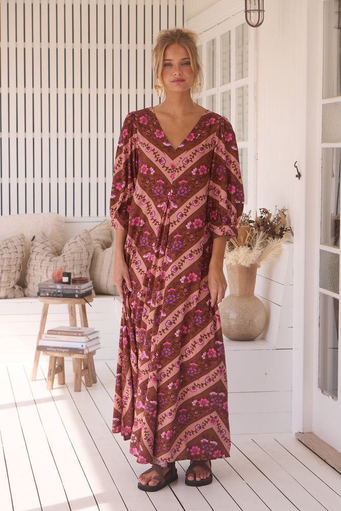 Jaase London Maxi Dress with V Neck Relaxed Shift - Savanna - Style House Fashion Jaase