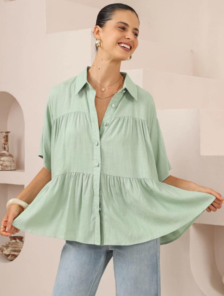 Iris Maxi Sarah Cotton Blouse Top with V-Neck Collar Buttoned Wide Sleeve - Pistachio