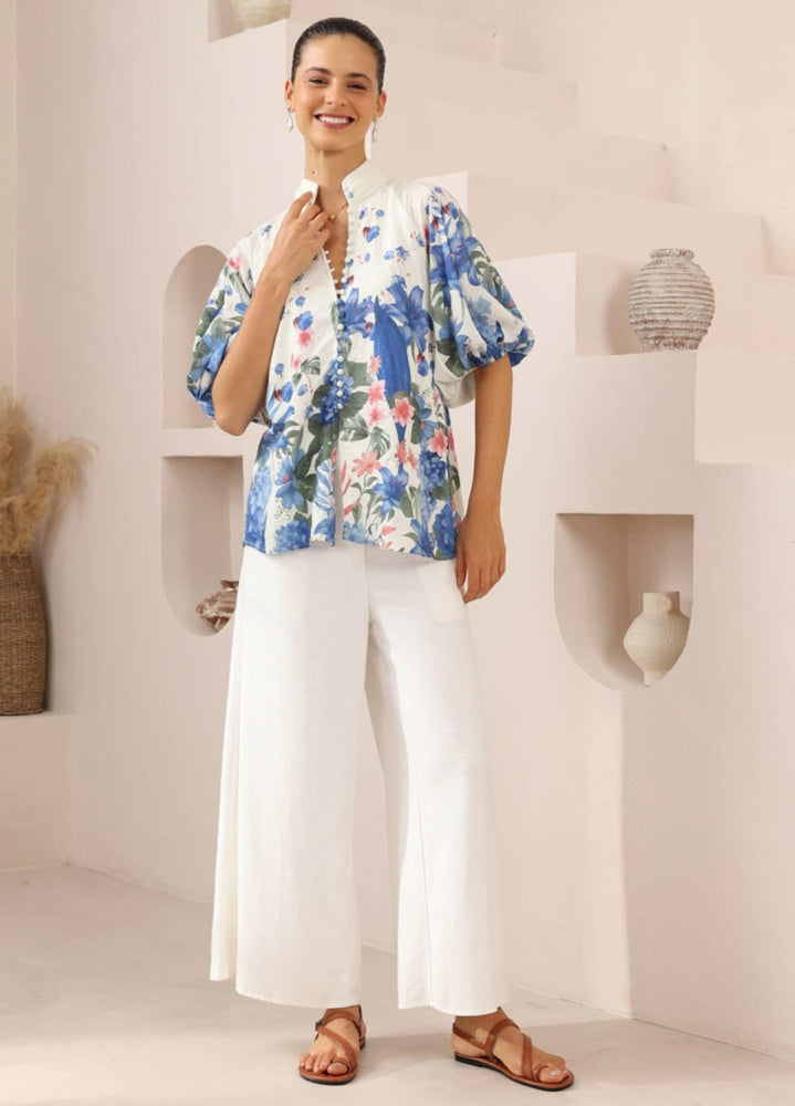 Iris Maxi Mia Cotton Blouse Top with V-Neck Puff Sleeve Buttons - Hydrangea