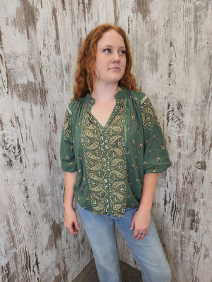 Jaase Montie Blouse with Mandarin Collar V-Neck - Viridian