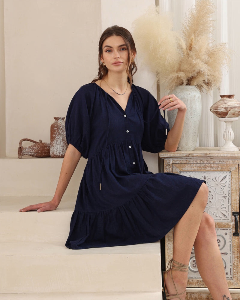 Iris Maxi Ezra Mini Dress with V Neck Buttons Pockets Puff Sleeve - Navy