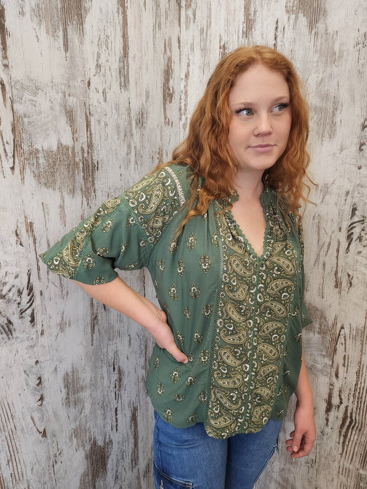 Jaase Montie Blouse with Mandarin Collar V-Neck - Viridian
