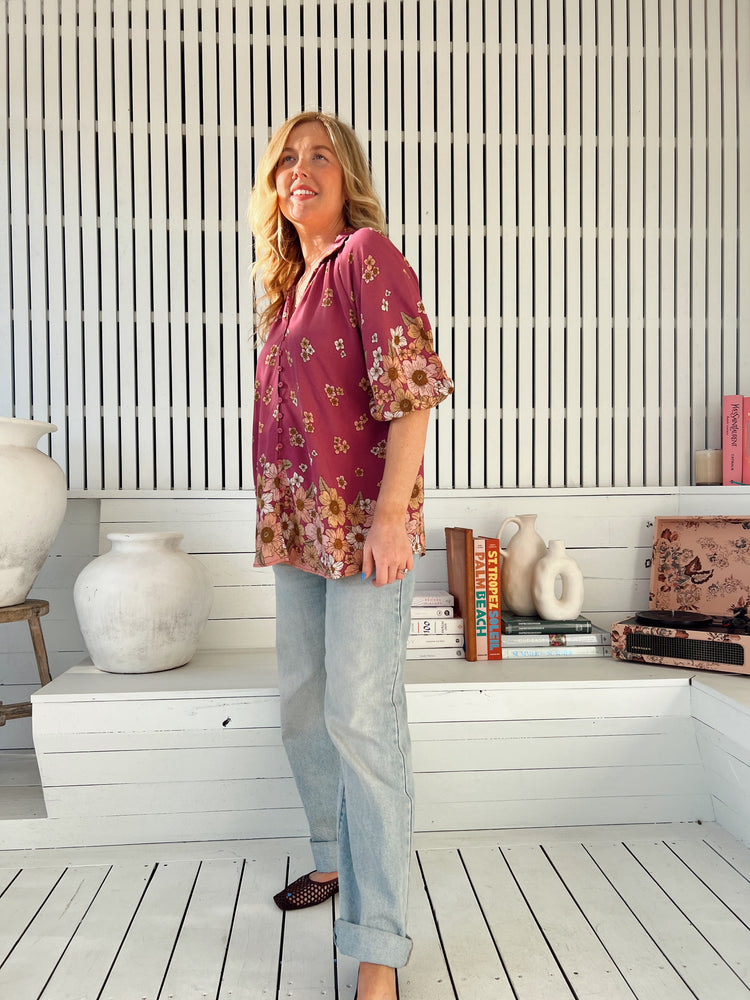 Jaase Arden Blouse with V-Neck Buttoned Half Sleeve Elastic Cuff - Bee Orchid - Style House Fashion Jaase