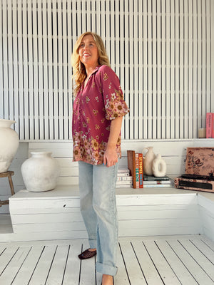 Jaase Arden Blouse with V-Neck Buttoned Half Sleeve Elastic Cuff - Bee Orchid - Style House Fashion Jaase